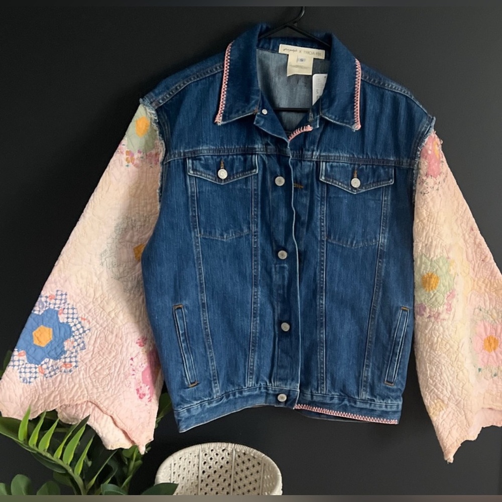 Nwt Free people x Tricia Fix Blue Denim patch work bell sleeve Jacket nwt - Picture 1 of 9